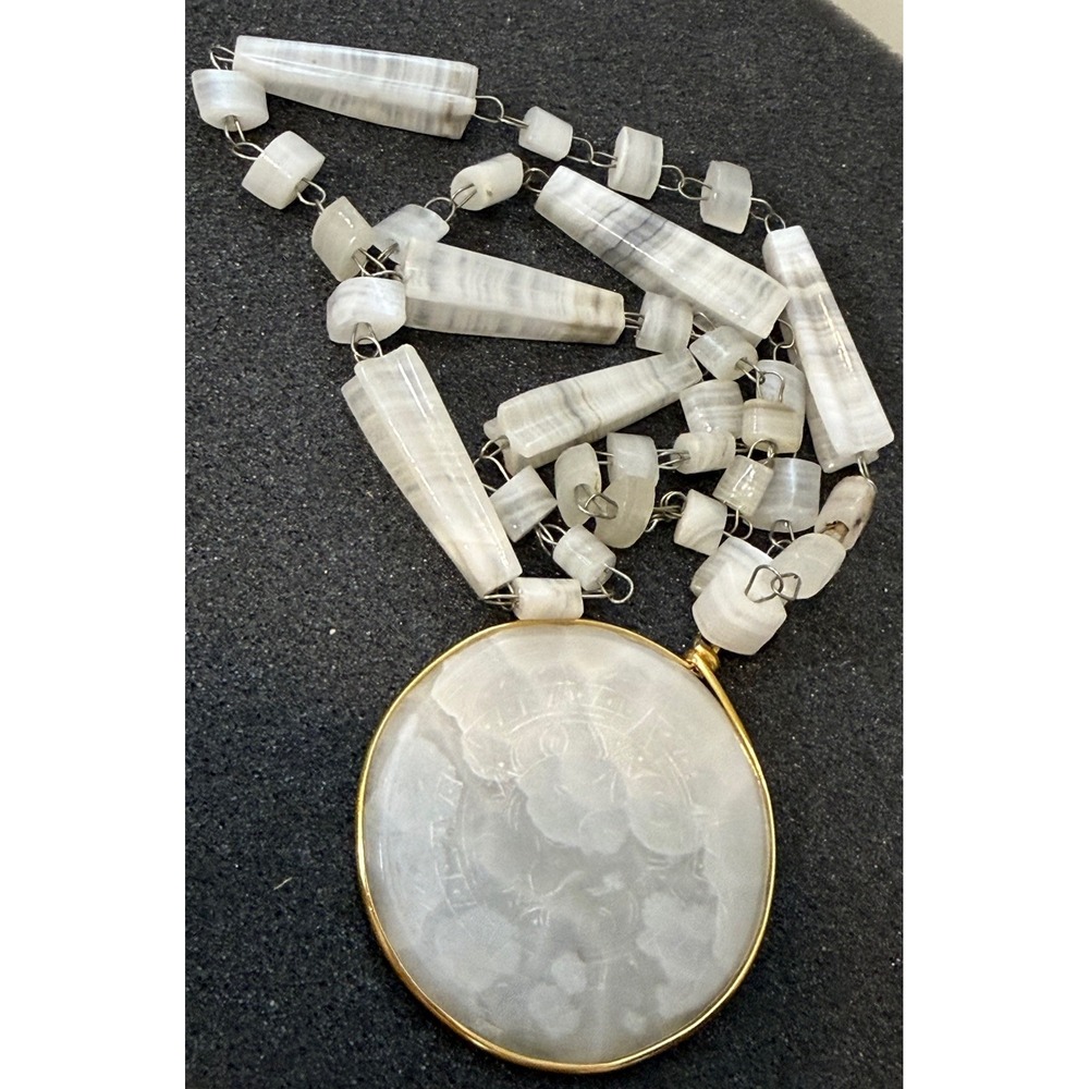 Vintage Mayan Aztec White Onyx Pendant Necklace